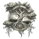 A tattoo combining elements of Ygdrasil, Brazilian jiu jitsu, and the names Birgitte, Storm, William, Valentin, and Maren in a cohesive design tattoo design idea