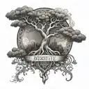 A tattoo combining elements of Ygdrasil, Brazilian jiu jitsu, and the names Birgitte, Storm, William, Valentin, and Maren in a cohesive design tattoo design idea