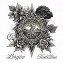 A tattoo combining elements of Ygdrasil, Brazilian jiu jitsu, and the names Birgitte, Storm, William, Valentin, and Maren in a cohesive design tattoo design idea