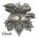 A tattoo combining elements of Ygdrasil, Brazilian jiu jitsu, and the names Birgitte, Storm, William, Valentin, and Maren in a cohesive design tattoo design idea