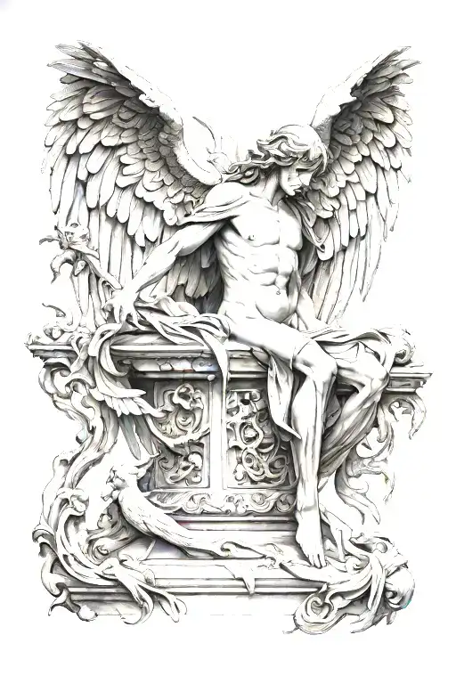 sculpture of the fallen angel with an artistic background of gothic sculpture  tattoo design idea