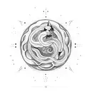 A dotwork tattoo depicting a celestial snake coiling around a planet, symbolizing the connection between the cosmos and the life cycle. tattoo design idea