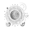 A dotwork tattoo depicting a celestial snake coiling around a planet, symbolizing the connection between the cosmos and the life cycle. tattoo design idea