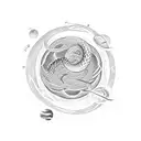 A dotwork tattoo depicting a celestial snake coiling around a planet, symbolizing the connection between the cosmos and the life cycle. tattoo design idea