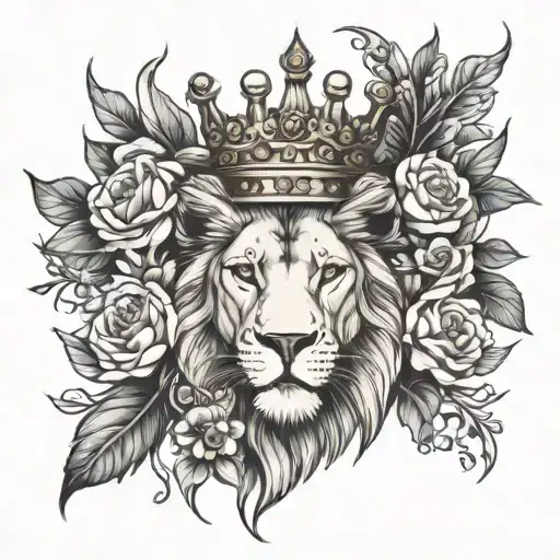 flowers, crown and female lion  tattoo design idea