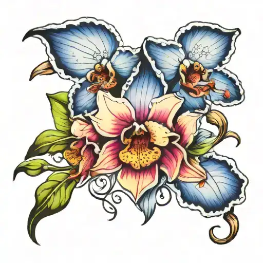 collar bone blue orchid flowers tattoo design idea