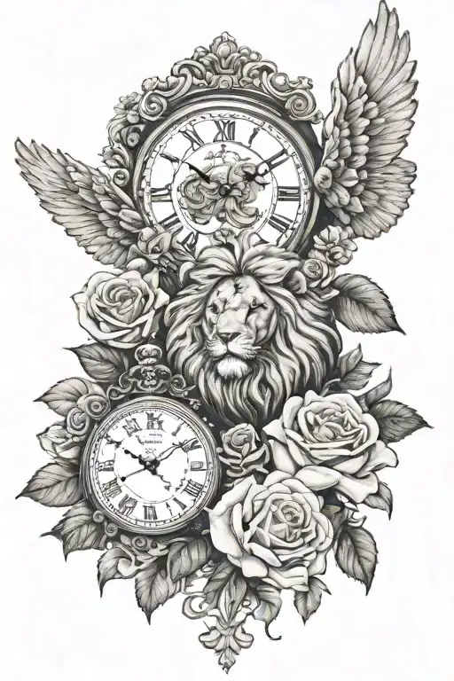 roses, lion, clock, inscription, wings tattoo design idea