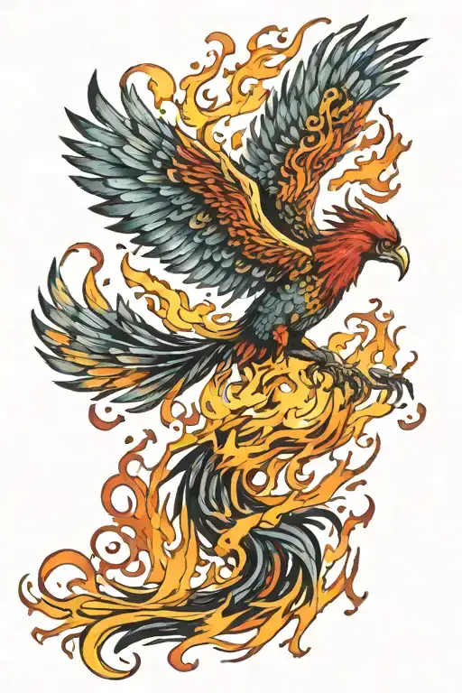watercolor phoenix rising from flames tattoo design idea