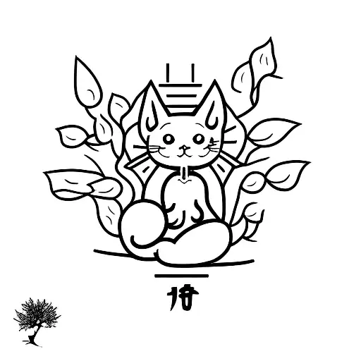 A minimalist tattoo design of a cat meditating under a bonsai tree tattoo design idea
