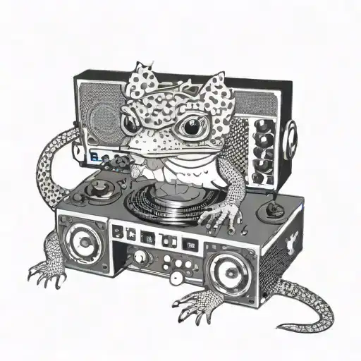 A lizard DJ with turntables and speakers in a dotwork style tattoo design idea