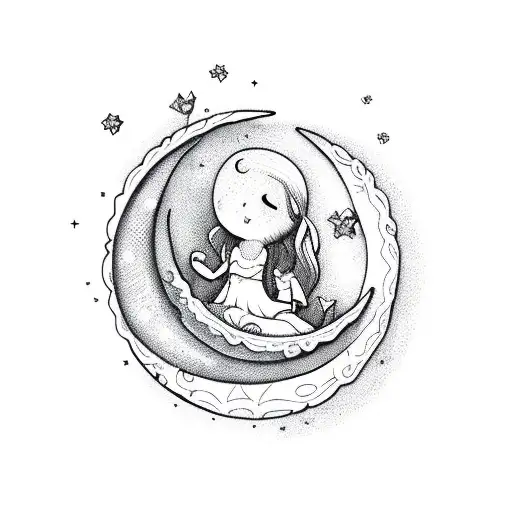 Little girl sat in crescent moon tattoo design idea