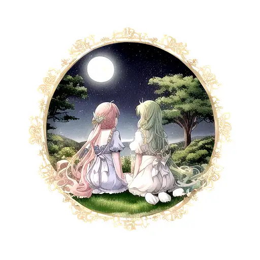 treescape with night sky with moon and Gemini, Aquarius and Leo elements tattoo design idea