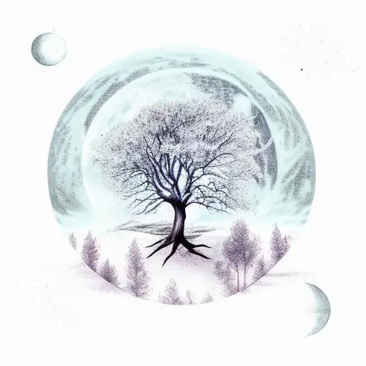treescape with night sky above with moon and Gemini, Aquarius and Leo elements tattoo design idea