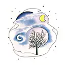 treescape with night sky with moon and Gemini, Aquarius and Leo elements tattoo design idea