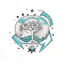 treescape with night sky with moon and Gemini, Aquarius and Leo elements tattoo design idea