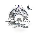 treescape with night sky with moon and Gemini, Aquarius and Leo elements tattoo design idea