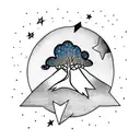 treescape with night sky with moon and Gemini, Aquarius and Leo elements tattoo design idea