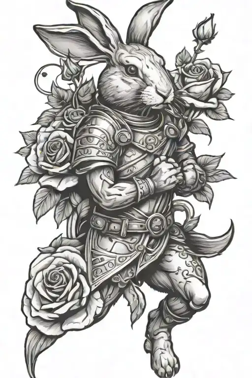 rabbit warrior holding a rose surrounded tattoo design idea