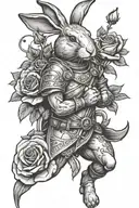 rabbit warrior holding a rose surrounded tattoo design idea