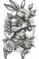 rabbit warrior holding a rose surrounded tattoo design idea