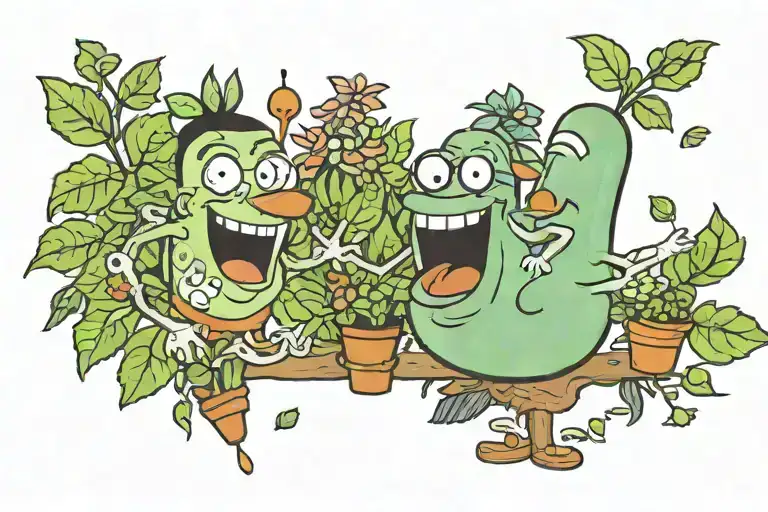 A comedic tattoo of friends sharing a laugh together, with elements of gardening incorporated to represent growth and nurturing relationships tattoo design idea