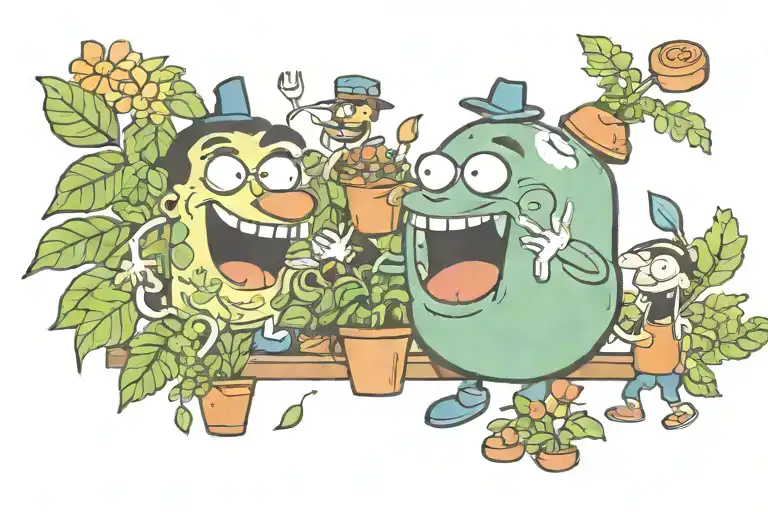 A comedic tattoo of friends sharing a laugh together, with elements of gardening incorporated to represent growth and nurturing relationships tattoo design idea