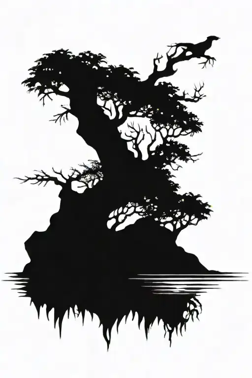 a dry tree with Mimir's head in the background, Loki's face can be seen, behind it is a lake with the silhouette of Ermungand tattoo design idea