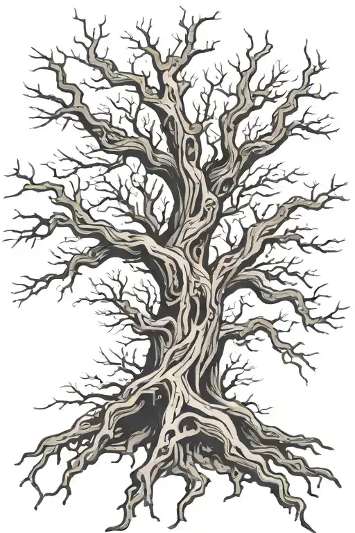 a large dry tree to which the body of the ancient Scandinavian god Mimir is nailed tattoo design idea