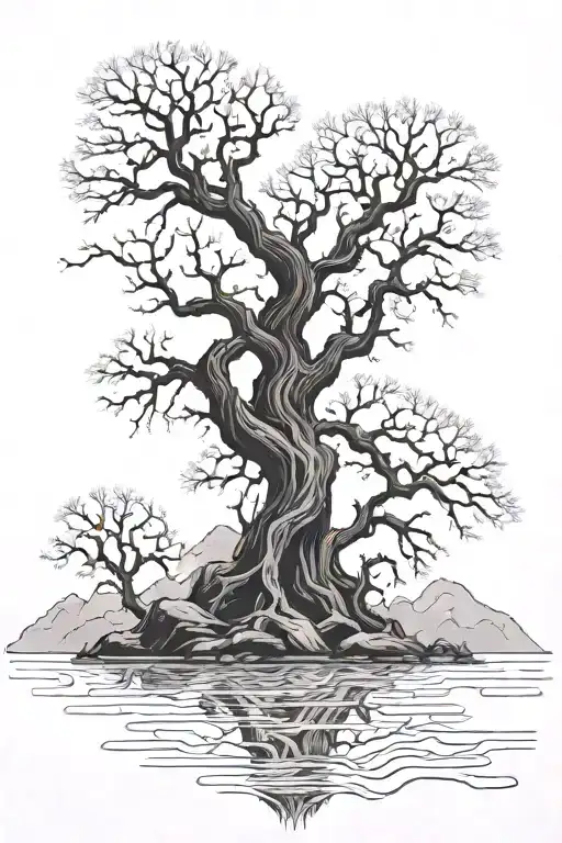 A dry tree with Mimir's head, Loki's face can be seen behind it, and against the background of a large lake where you ca tattoo design idea