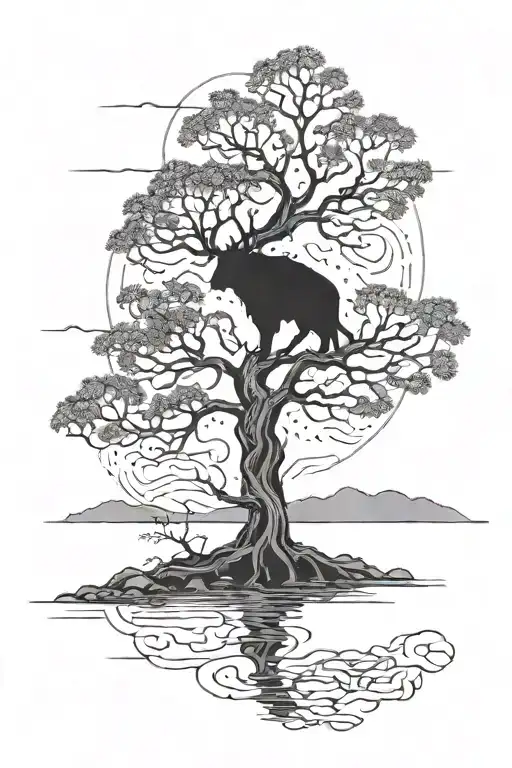 a dry tree with Mimir's head, Loki's face can be seen behind it, and in the background there is a large lake where the silhouette of Jörmungand is visible tattoo design idea