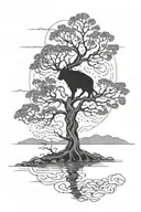 a dry tree with Mimir's head, Loki's face can be seen behind it, and in the background there is a large lake where the silhouette of Jörmungand is visible tattoo design idea