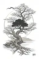 a dry tree with Mimir's head, Loki's face can be seen behind it, and in the background there is a large lake where the silhouette of Jörmungand is visible tattoo design idea