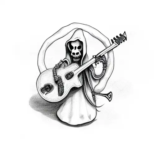 cow boy grim reaper playing a scythe shaped guitar tattoo design idea