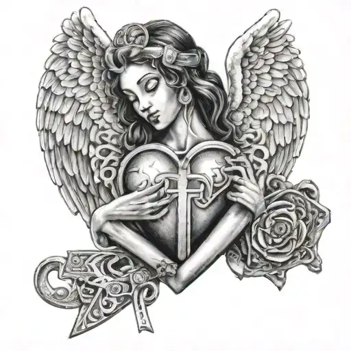 gaurdian angel holding a heart lock tattoo design idea