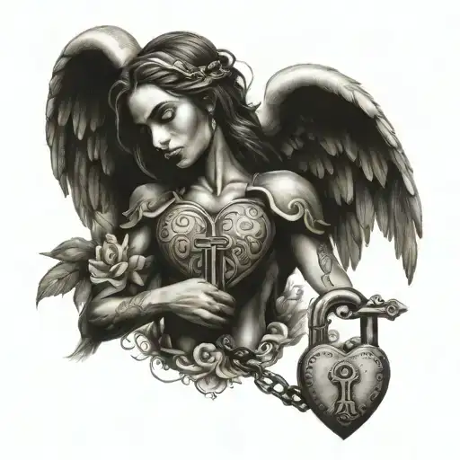 gaurdian angel holding a heart lock tattoo design idea