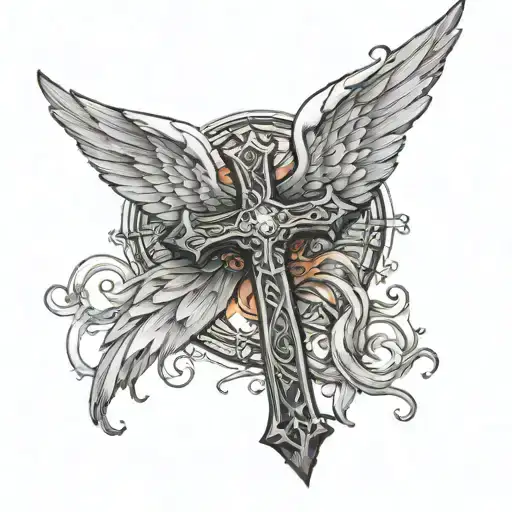 cross with angel wings spread tattoo design idea