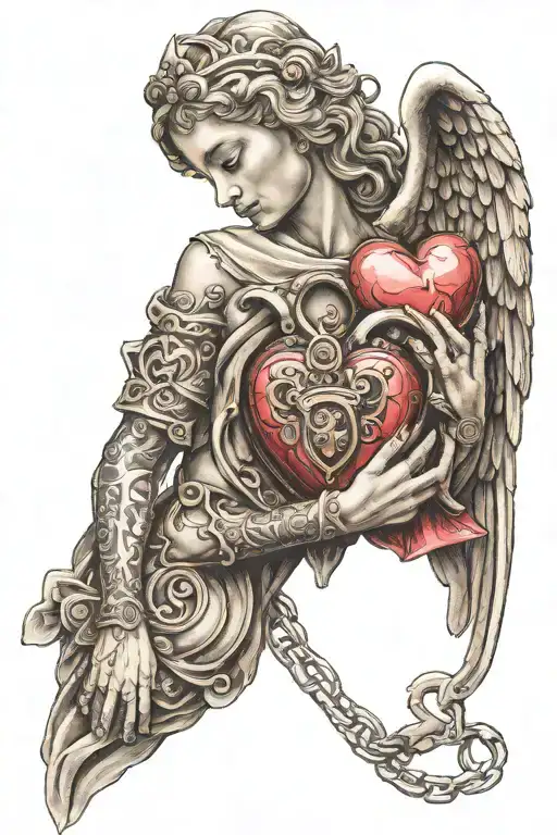 gaurdian angel holding a heart lock tattoo design idea