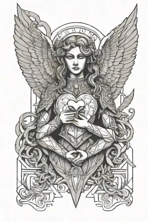 gaurdian angel holding a heart lock tattoo design idea