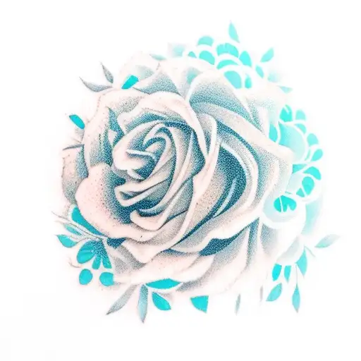 A vibrant bouquet of flowers floating above a serene landscape tattoo design idea