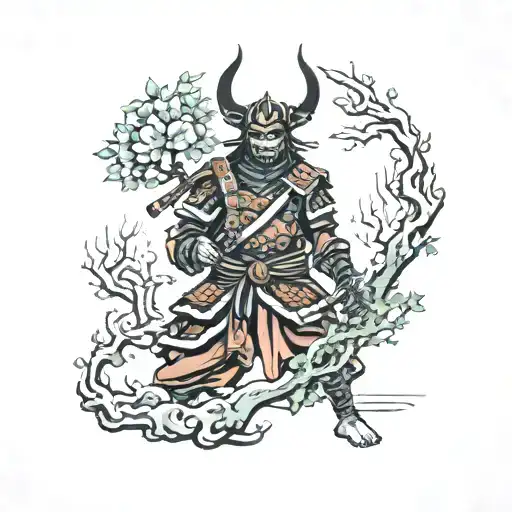 Samurai in a demon mask in full growth with a sword of life tree in color, tattoo on the shoulder tattoo design idea
