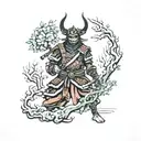Samurai in a demon mask in full growth with a sword of life tree in color, tattoo on the shoulder tattoo design idea