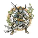 Samurai in a demon mask in full growth with a sword of life tree in color, tattoo on the shoulder tattoo design idea