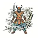 Samurai in a demon mask in full growth with a sword of life tree in color, tattoo on the shoulder tattoo design idea