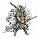 Samurai in a demon mask in full growth with a sword of life tree in color, tattoo on the shoulder tattoo design idea
