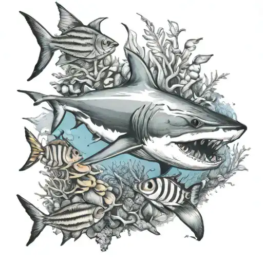 A detailed underwater scene with a shark surrounded by tropical fish and coral reefs tattoo design idea