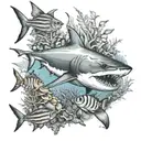 A detailed underwater scene with a shark surrounded by tropical fish and coral reefs tattoo design idea