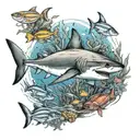 A detailed underwater scene with a shark surrounded by tropical fish and coral reefs tattoo design idea