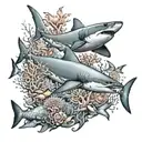 A detailed underwater scene with a shark surrounded by tropical fish and coral reefs tattoo design idea