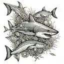 A detailed underwater scene with a shark surrounded by tropical fish and coral reefs tattoo design idea