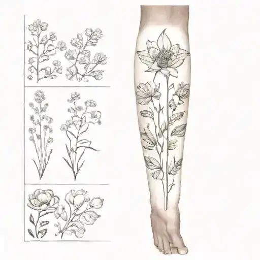 A sleeve tattoo featuring the birth flowers of February, March, April, May, September, and November in a dotwork style tattoo design idea